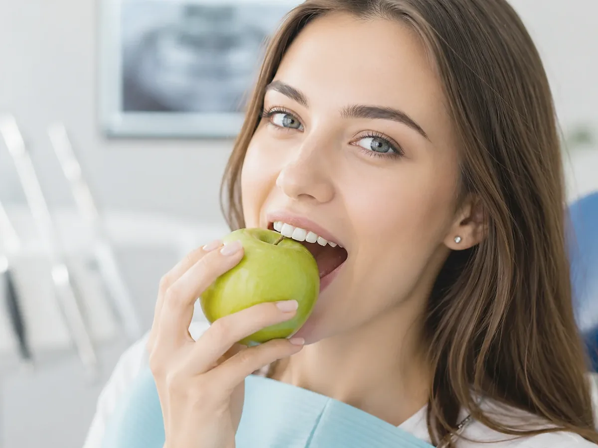 Junge Frau beißt in einen Apfel